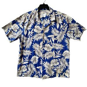 Vintage Royal Blue Hawaiian Shirt Mens Size XXL 2XL Beige Palm Leaf Hawaii Made